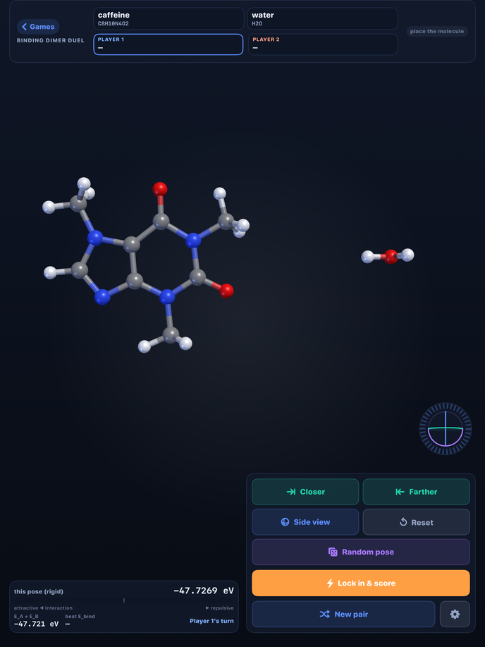 Binding Dimer Duel: two molecules docking, with the live attraction gauge
