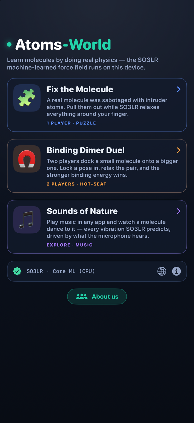 The start screen: Fix the Molecule, Binding Dimer Duel and Sounds of Nature