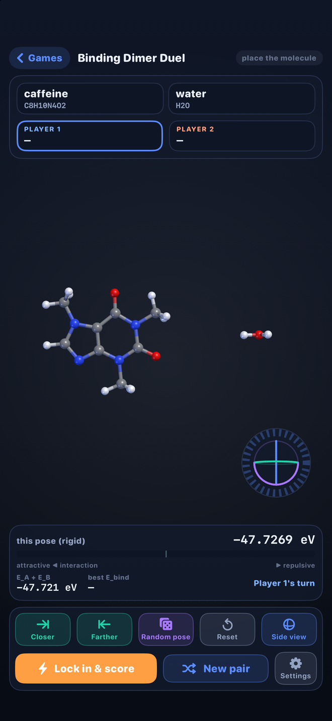 Binding Dimer Duel: two molecules docking, with the live attraction gauge