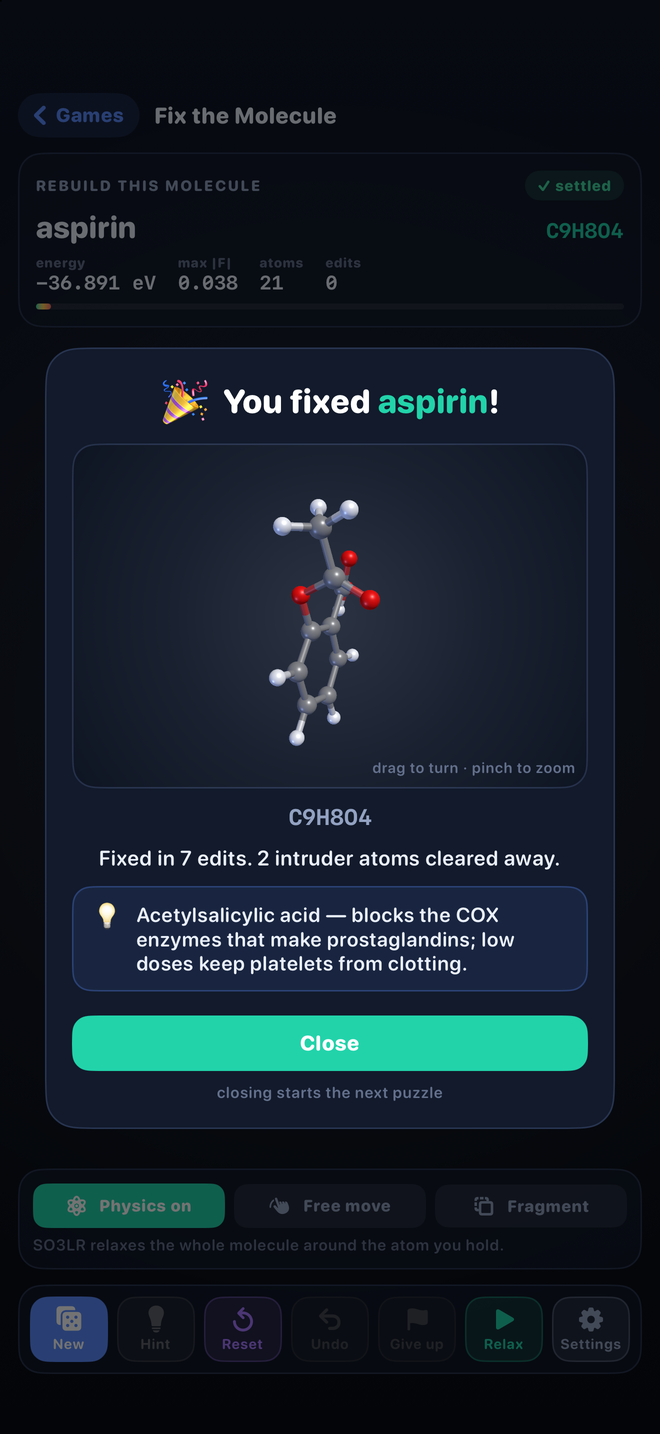 Molecule fixed: the win card with the note on where the molecule is used